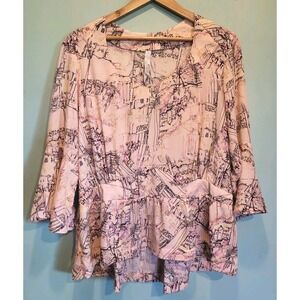Melissa Mccarthy Seven7 Pink Abstract Cityscape 3/4 Bell Sleeve Peplum Blouse 1X